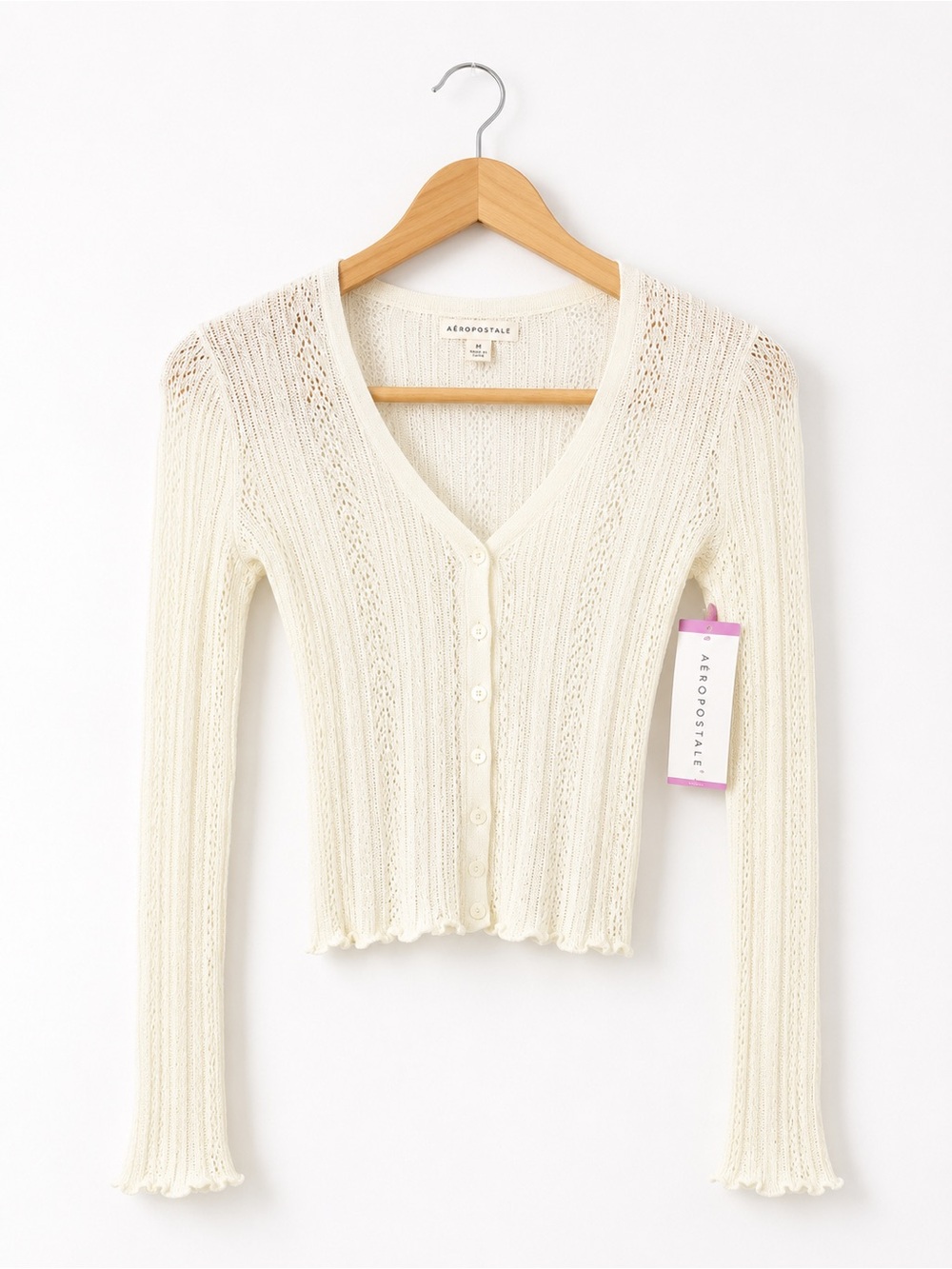 Aeropostale Cream Pointelle Cardigan NWT XXS Coquette Cottagecore Sweater